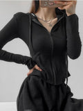 Fashionkova  Gothic Streetwear Zip Up Oversized T Shirts Women Vintage Sexy Solid Hooded Cardigan Long Sleeve Cropped Tops Tracksuit