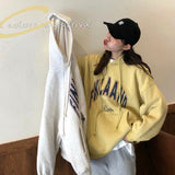 Fashionkova  Fashion Hoodie Yellow Sweatshirt Long Sleeve Korean Lazy Wind Baggy Letter Printing Vintage Female Tops Pullover Hoodie Autumn