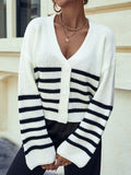 Fashionkova  Black White Strips V Neck Buttons Up Short Tops Open Cardigan Sweater Long Sleeves Autumn Winter Clothing