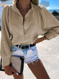 Fashionkova  Summer Single Breasted Solid Top Blusa Casual Ladies Office Commuter Blouses Retro Loose Street Women Lapel Long Sleeved Shirts