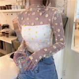 Fashionkova  Fashion Floral Perspective Blouse Shirt Casual Sesy Mesh Sunscreen Tops Casual Summer Ladies Female Women Long Sleeve Blusas