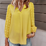 Fashionkova  White Tops And Blouses For Women Casual Polka Dot 2022 Spring Autumn Chiffon Tunic Blusas Solid V Neck Puff Long Sleeve Clothes