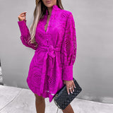 Fashionkova  Sexy Embroidered Lace Hollow Solid A-Line Dress Elegant Stand Collar Lace-Up Mini Dress Lady Casual Long Sleeve Waist Cover Up