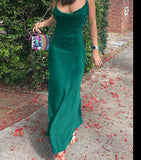 Fashionkova  2022 Summer Backless Chain Satin Maxi Dress Women Sexy Elegant Strap Sleeveless Green Y2K Off Shoulder Bodycon Dresses