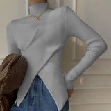 Fashionkova  Half Turtleneck Knitted Bottoming Top For Women 2022 New Autumn Winter Slimming Niche Hem Slit Sweater Pullover