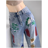 Fashionkova Blue Women Jeans High Waist Fashion American Graffiti Y2K Streetwear Chic NEW Wide Leg Jean Female Trouser Baggy Denim Pants