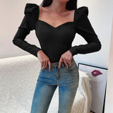 Fashionkova  Korean Style Vintage Blouse Women Petal Collar Long Sleeve Sexy Clavicle Ladies Elegant Tops Fashion Casual Daily Base T-Shirt