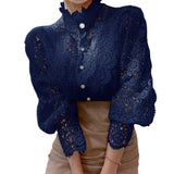 Fashionkova  Elegant Embroidery Petal Sleeve Hollow Out Women Lace Blouse Flower Lace Patchwork Stand Collar Shirt Femme Autumn Blusas Tunic