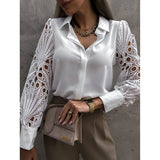Fashionkova  Lace Blouse For Women Elegant Hollow Out Embroidery Flower Petal Sleeve Patchwork V Neck Shirt Femme Spring Autumn Blusas Tunic