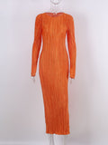 Fashionkova  2022 Spring Summer Y2K Orange Bodycon Maxi Dress Women Elegant Long Sleeve Pleated Dress Casual Slim Plisse Dresses