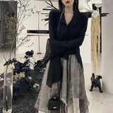 Fashionkova  Gothic Black Shirts Irregular Yamamoto Style Flare Sleeve Blouse Dark Aesthetic Grunge Clothes Harajuku Mall Goth Tops