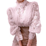 Fashionkova  Elegant Embroidery Petal Sleeve Hollow Out Women Lace Blouse Flower Lace Patchwork Stand Collar Shirt Femme Autumn Blusas Tunic