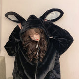 Fashionkova   Emo Women Korean Black Autumn Winter Alt Gothic Harajuku Hoodies Cute Rabbit Ears Hooded Outwear Loose Warm Plush Coats Clothes