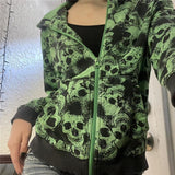 Fashionkova Y2K Emo Women Streetwear Green Gothic Skull Sweatshirt Hip Hop Graphic Aesthetic Grunge Zip Up Hoodie Tops Jacket Alt Clothes