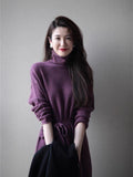 Fashionkova  European Station 2022 New High-End Sense With Overcoat Purple Long Skirt Women High Collar Knit Base Dress Autumn And Winter