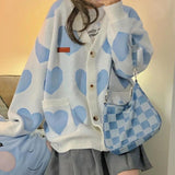 Fashionkova  Kawaii Korean Style Heart Print Blue Sweater Cardigan Women Cute Harajuku Preppy Fashion V-Neck Jumper Female  Tops