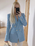 Fashionkova  Women Fashion Blue Tweed Blazer Jacket 2022 New Office Lady Double Breasted Pockets Vintage Female Coat Chic Streetwear