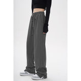 Fashionkova   Women's Sports Pants High Waist Straight Baggy Slit Trouser Street Vintage Casual Summer Wide Leg Drawstring Design Sweat Pants