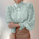 Fashionkova  Elegant Embroidery Petal Sleeve Hollow Out Women Lace Blouse Flower Lace Patchwork Stand Collar Shirt Femme Autumn Blusas Tunic