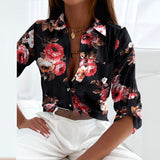 Fashionkova  Office Elegant Pattern Print Blouse Spring Women Casual Long Sleeve Loose Shirt Straight Fall Fashion Lapel Single-Breasted Tops
