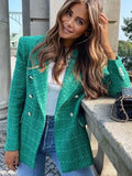 Fashionkova  Stylish Green Tweed Women's Blazer Jacket Spring Autumn High Street Double Breasted Pockets Office Lady Chic Casual Outerwear