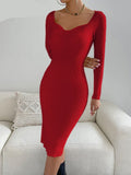 Fashionkova  Autumn Woolen Pullover Sweater Midi Dresses For Women Semi Sweatheart Collar Red Black White Slim Fit Winter Bottoming