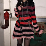 Fashionkova  Gothic Striped Sweaters Loose Grunge Pullover Oversized Hollow Out Emo Alt Clothes Women Dark Academia Hole Jumpers Y2k