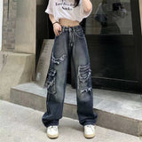 Fashionkova  Women Vintage Y2K Streetwear Baggy Cargo Jeans High Waisted Straight Wide Leg Pants Denim Trousers Fairy Grunge Alt Clothes