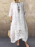 Fashionkova  Summer Lace Beach Long Maxi Dress Women O Neck Solid Lace Dress 2022 Casual Ladies Chic Loose Short Sleeve Cover Up Sundress