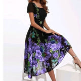 Fashionkova  Fashion Square Neck Party Dress For Women Summer Elegant Floral Printed Long Dresses Casual Short Sleeve Big Swing Dresses