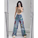 Fashionkova Blue Women Jeans High Waist Fashion American Graffiti Y2K Streetwear Chic NEW Wide Leg Jean Female Trouser Baggy Denim Pants