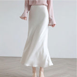 Fashionkova maxi skirt long satin grey silk white Women's formal occasion prom party office evening dress elegant high waist solid color