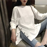 Fashionkova  2022 Spring Split Side Button White Black Long Tshirt O-Neck Women Shirts Autumn Arrival Harajuku Solid Oversized T Shirt Tops