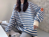 Fashionkova  Autumn Oversized Crewneck Sweatshirt Women Cotton Stripe Long Sleeve Black Pullovers Harajuku Hoodies Clothes Korean Streetwear