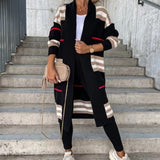 2022 Autumn Winter Fashion Knitted Cardigan Women Elegant Striped Patchwork Loose Long Outerwear Casual Long Sleeve Sweater Coat