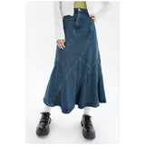 Fashionkova  2022 Summer Vintage Blue Women Denim Trumpet Skirt Streetwear Style Casual Irregular High Waist Ladies Long Mermaid Jean Skirt