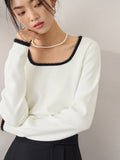 Fashionkova Big Round Neck Color Contrast Long-sleeved Knitted Sweater for Women Autumn New Style Slim Temperament Chic Top Female