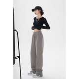 Fashionkova   Women's Sports Pants High Waist Straight Baggy Slit Trouser Street Vintage Casual Summer Wide Leg Drawstring Design Sweat Pants