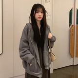 Fashionkova  Women Hoodie Harajuku Korean Version Oversized Solid Color Zip Up Sweatshirt Female Casual Long Sleeve Pocket Hooded Coat Jacket
