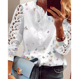 Fashionkova  2022 Spring New Women Butterfly Print Blouses Top Fashion Casual Elegant White Ruffled Trim Long Lace Sleeve Woman Shirt