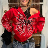 Fashionkova  Y2k Emo Women Streetwear Hoodie Spider Web Red Zip Up Hoodies Grunge Oversized Sweatshirt Gothic Harajuku Alt Jackets Clothes