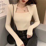 Fashionkova  Women's 2022 New Autumn Winter Bottoming Slim Inside Square Collar Casual  All Match Solid Color Knitted Sweater