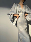 Fashionkova Slim Midi Dress 2023 Women Summer Fashion New Printing Elegant Evening Party Mermaid Dresses Long Sleeve V-neck Fmeale Clothing