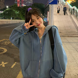 Fashionkova  Women Hoodies Harajuku Korean Version Loose Oversized Sweatshirts Vintage Solid Color Long Sleeve Hooded Sweatshirt Zipper Coats