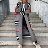 2022 Autumn Winter Fashion Knitted Cardigan Women Elegant Striped Patchwork Loose Long Outerwear Casual Long Sleeve Sweater Coat