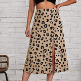 Fashionkova  Women's Wild Fashion Split Midi Skirt Leopard Print High Waist A-Line Skirts Spring Autumn Casual Clothes Vintage 90S Streetwear