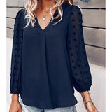 Fashionkova  White Tops And Blouses For Women Casual Polka Dot 2022 Spring Autumn Chiffon Tunic Blusas Solid V Neck Puff Long Sleeve Clothes