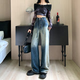 Fashionkova Blue Women Jeans High Waist Fashion American Streetwear Gradient Y2K Style Chic Wide Leg Jean Female Trouser Baggy Denim Pants