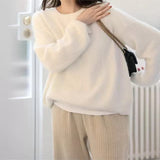 Fashionkova  Autumn Winter New Round Neck Cashmere Sweater Female Loose Korean Version Lazy Wind Wool Knit Outside Wear Sweater Thickened