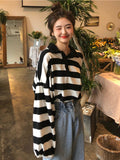 Fashionkova  Black White Striped Sweatshirts Women Harajuku Vintage Polo Oversized Hoodies Casual Long Sleeve Loose Crop Tops Korean